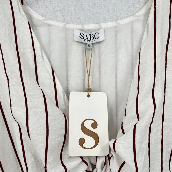 SABO SKIRT Dress Womens Medium White Brown Striped Short Sleeve Tie Front NWT - Picture 8 of 15